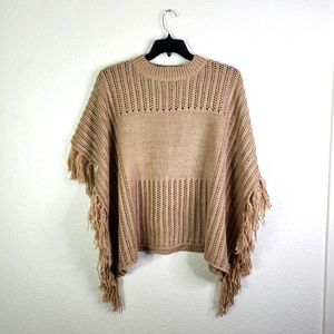 Brown Fringe Knit Poncho with Buttons